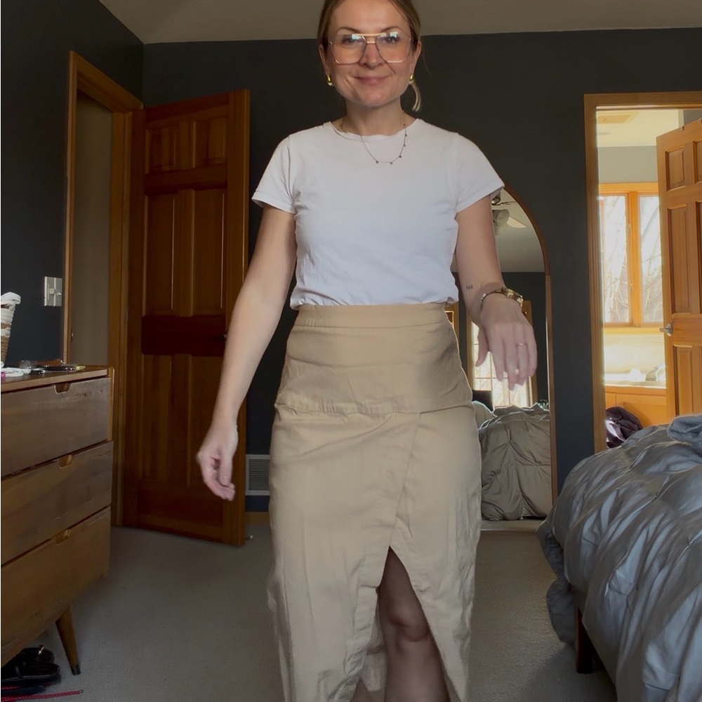 Anthropologie Beige High-Waist Midi Skirt with Front Slit